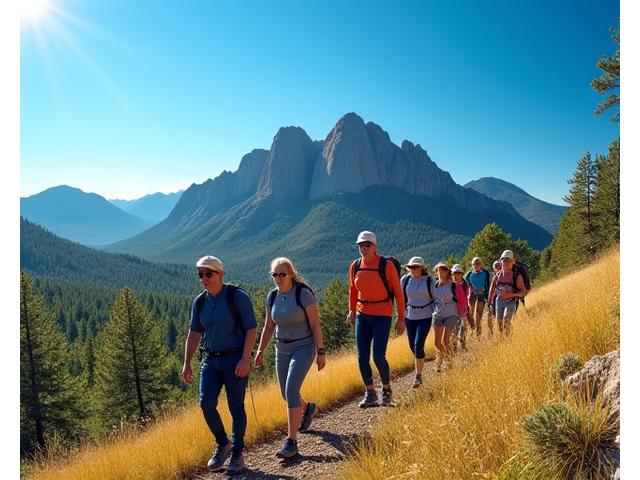 Panoramic view of the Boulder Flatirons with clear blue sky and diverse group of people hiking on a trail in the foreground, representing an active community.