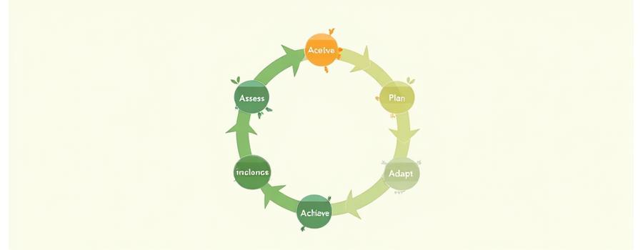 Illustration showing the VitalaGrove coaching methodology: Assess, Plan, Implement, Adapt, Achieve, with arrows indicating a continuous loop, leading to 'Sustainable Wellness'.