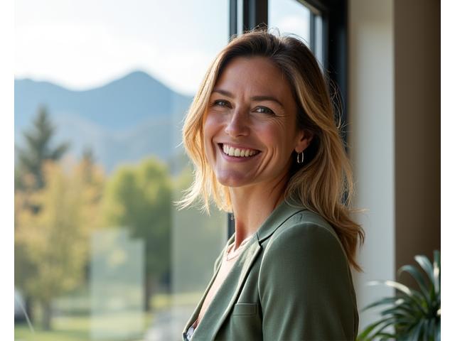 Eliza Reed, VitalaGrove founder, smiling and looking inspired, standing in a sunlit modern office with a view of Boulder mountains.
