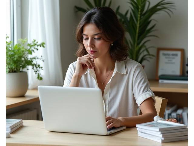 A wellness coach thoughtfully typing on a laptop, surrounded by professional health books and a plant, symbolizing expert guidance and support.