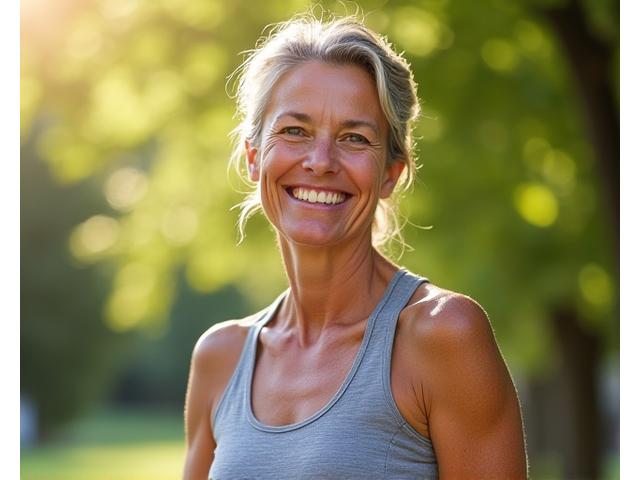 A woman in her late 40s smiling confidently after achieving a fitness goal, showcasing visible progress.