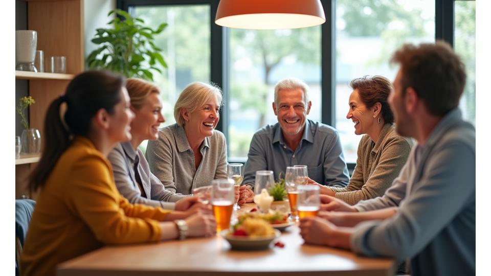 Diverse group of adults smiling and engaging in conversation in a bright, modern community space, representing the VitalaGrove wellness community.