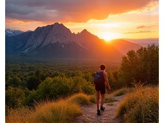 Scenic view of Boulder's Flatirons with a person hiking on a trail, showcasing local outdoor lifestyle.
