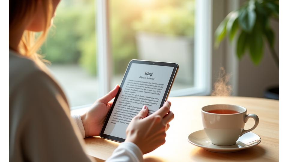 Close-up of a person reading an article on a tablet, with a steaming mug of herbal tea beside them, soft, natural light, conveying peace and learning.