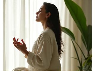 A serene person meditating in a peaceful, sunlit room, embodying calm and mental clarity.