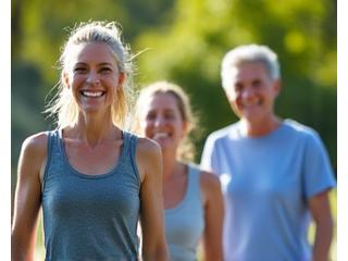 A diverse group of adults engaging in light exercise outdoors, symbolizing proactive health and vitality.