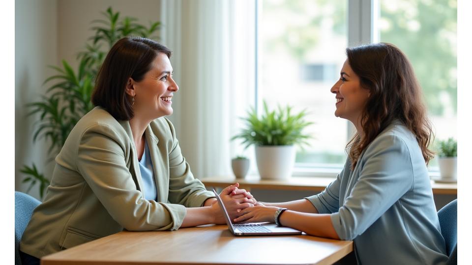 A VitalaGrove coach and client having a personalized, supportive discussion in a comfortable, bright setting, demonstrating individual attention.