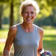 Sarah J., 48, from Boulder, smiling broadly and looking vibrant, holding a running shoe.