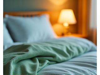 A cozy, dimly lit bedroom with crisp white linens and a relaxed atmosphere, symbolizing restful sleep.