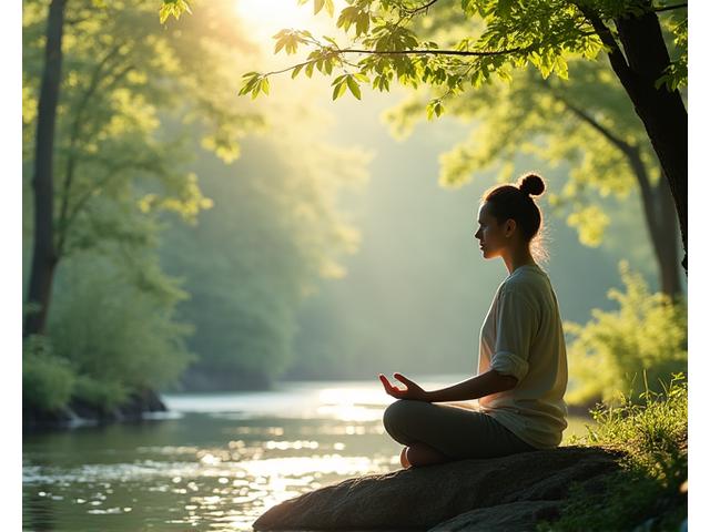 Person meditating in a serene natural setting, symbolizing mental clarity and stress reduction