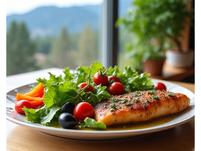 Vibrant, fresh Mediterranean-style meal with colorful vegetables and healthy fats