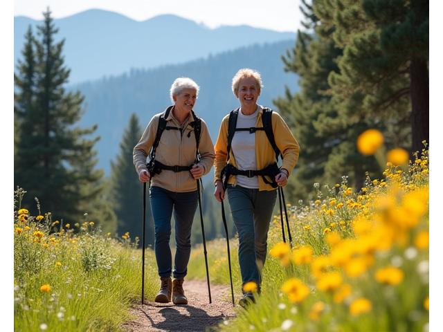 Active older couple hiking in the mountains
