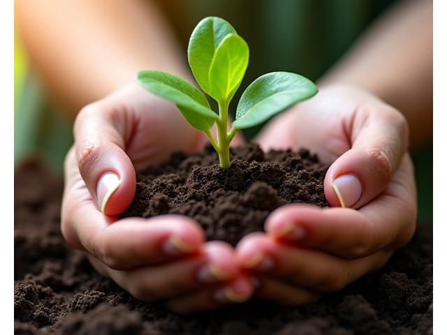 Hands gently holding a small, vibrant green plant sprout, symbolizing growth, care, and resilience.