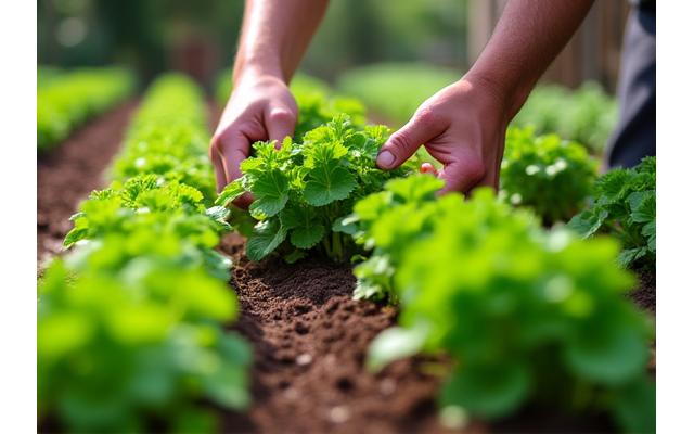 Close-up of a hand tending a thriving community garden, symbolizing growth and connection.