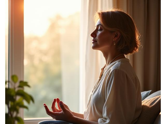 Woman meditating calmly by a window, embodying peace and clarity.