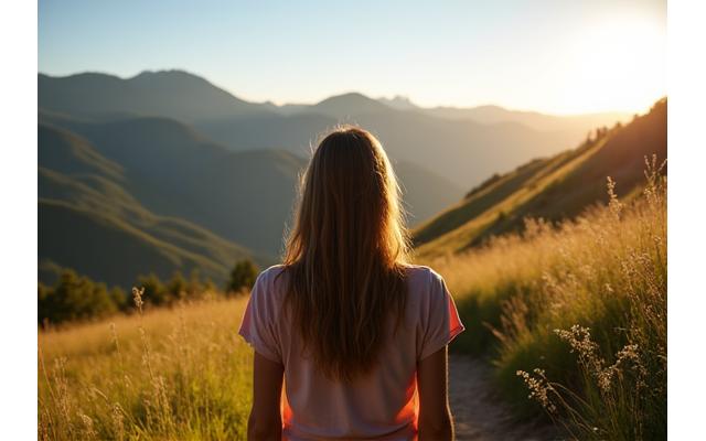 Person hiking on a mountain trail with a serene expression, surrounded by lush Colorado scenery.
