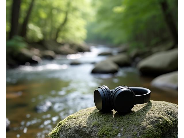 Headphones resting on a smooth stone next to a calm stream, symbolizing serene listening and nature.