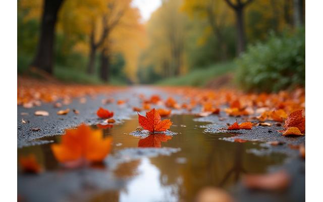 Autumn leaves falling gently in a Boulder park, representing seasonal change and reflection.