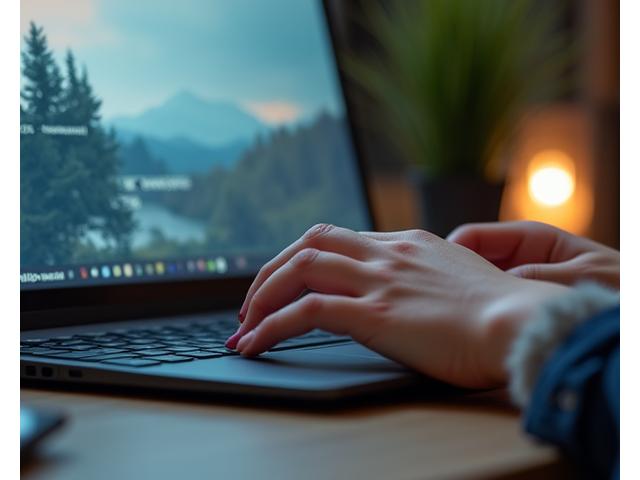 Person using a laptop at a desk, taking a mindful pause with deep breathing, illuminated by soft natural light.