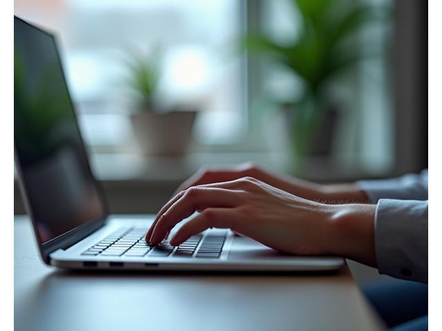 Person's hands resting calmly on a keyboard, with a subtle serene expression, in a modern office environment.