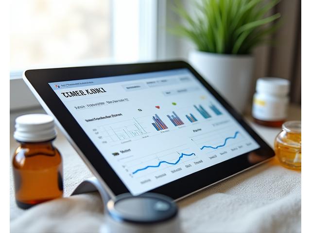 Close-up view of a tablet displaying health metrics, a smartwatch, and nutritional supplements, symbolizing data-driven assessment.