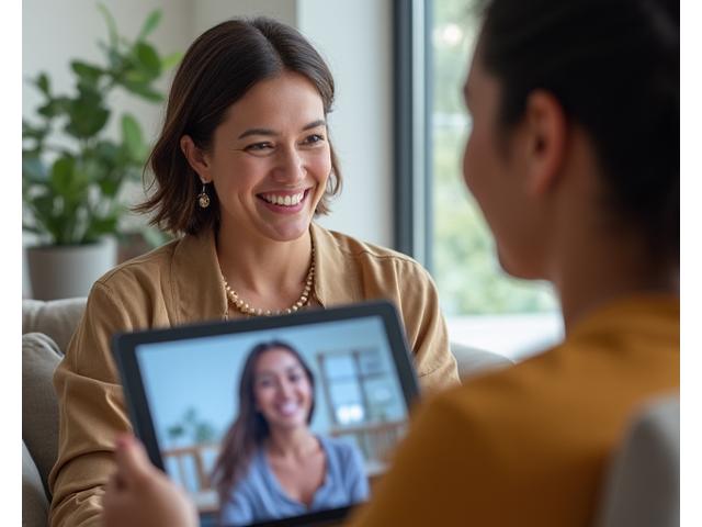 A friendly, professional VitalaGrove wellness coach engaging in a virtual consultation with a cheerful client on a tablet screen, conveying trust and personalized care.