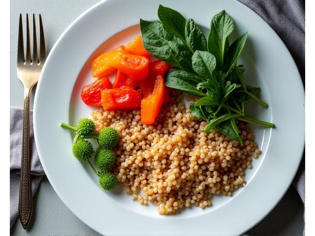A vibrant, fresh, and healthy meal composed of colorful vegetables, lean protein, and whole grains, prepared beautifully on a minimalist plate with natural light.