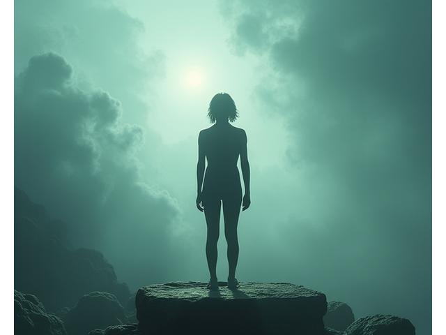 A serene individual standing strong against a symbolic, abstract challenging wind, representing resilience during life's crises.