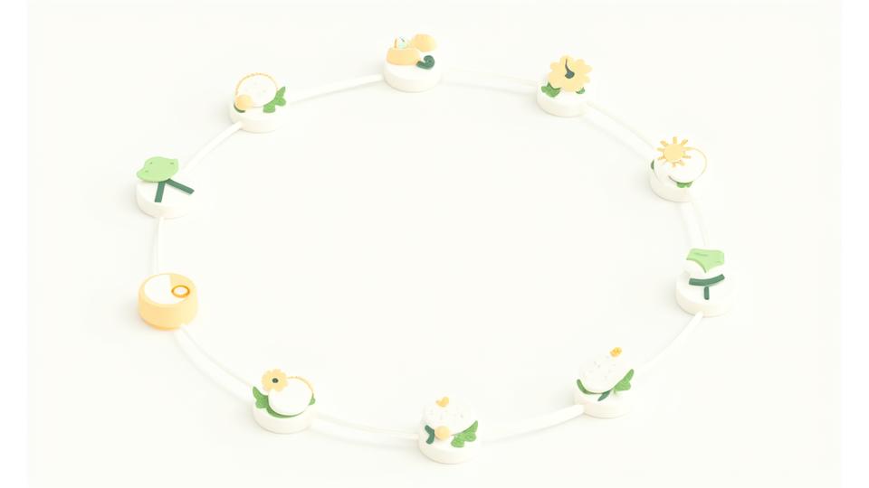 A stylized infographic showing a seamlessly flowing daily routine with icons for meditation, healthy eating, work, exercise, and sleep, forming a complete circle.
