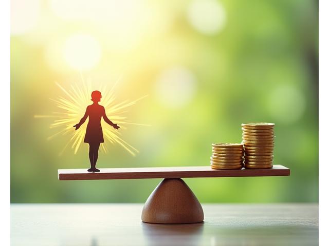 A visual metaphor showing a healthy person on one side of a scale balancing monetary savings on the other, indicating the financial return on wellness investment.