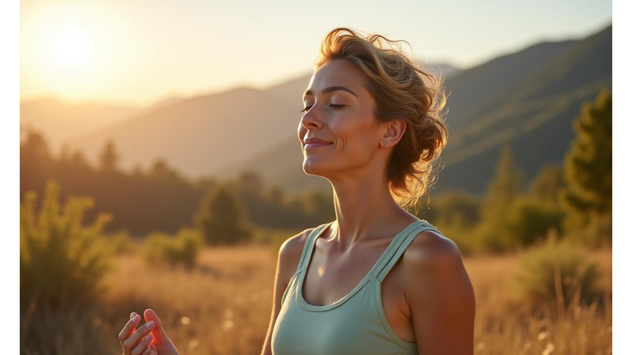 A vibrant woman in her late 30s or early 40s meditating peacefully outdoors in a sunny Boulder landscape, conveying health and calm resilience.