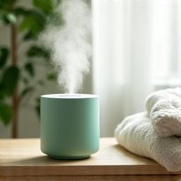 Modern ultrasonic humidifier in a bedroom setting