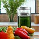 Modern kitchen counter with healthy fruits, vegetables, and a water filter