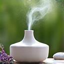Person meditating peacefully surrounded by essential oils and calming elements