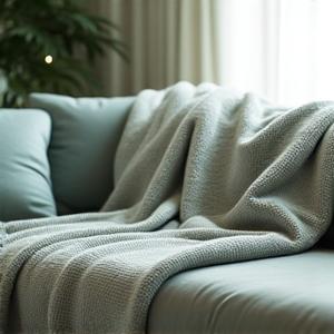 Cozy weighted blanket draped over a sofa