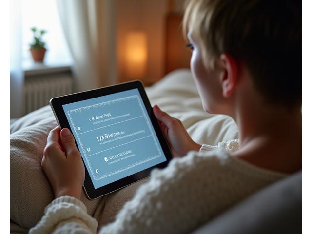 Person using a tablet to complete a sleep assessment questionnaire in a cozy bedroom setting