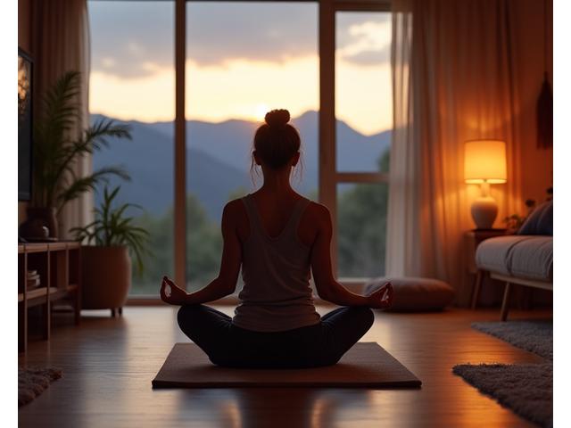 Woman stretching gently in a living room in the evening, with soft, warm light