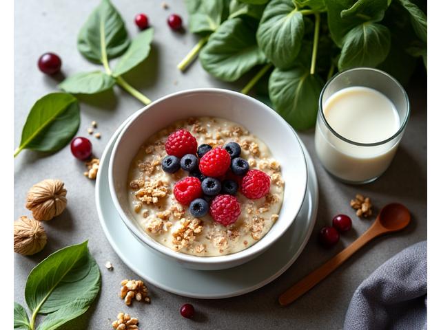 A vibrant assortment of sleep-promoting foods like green leafy vegetables, nuts, cherries, and whole grains