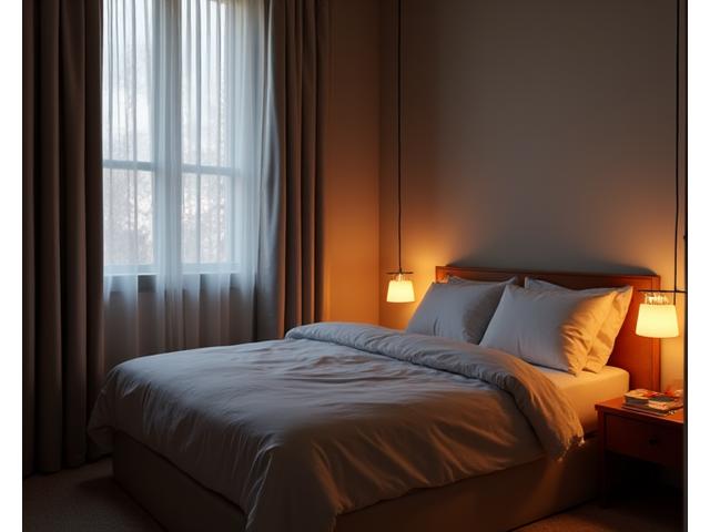 A serene bedroom with neatly made bed, dimmed lighting, and a soothing color palette