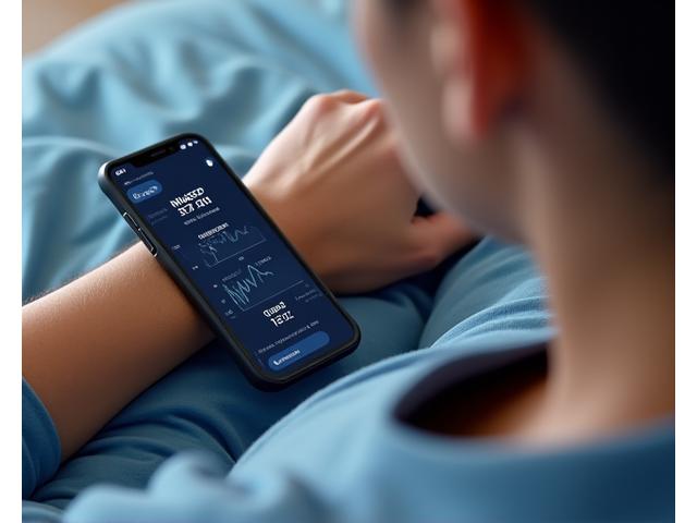 A wearable sleep tracker on a wrist, displaying sleep data graphs on a smartphone screen